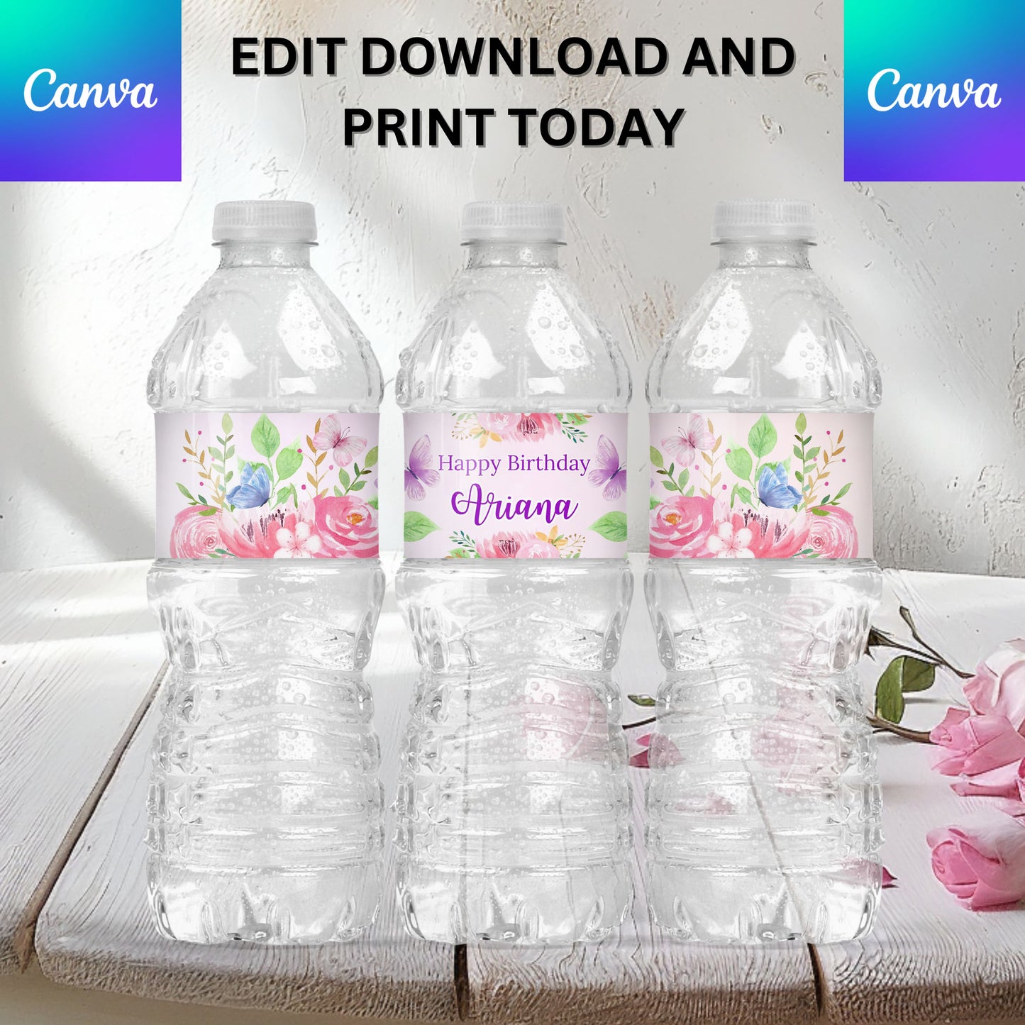 Editable Butterfly & Flowers Water Bottle Label (Digital File)