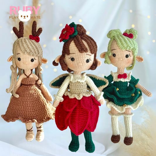 Christmas Tree Elf, Reindeer Elf, and Poinsettia Elf