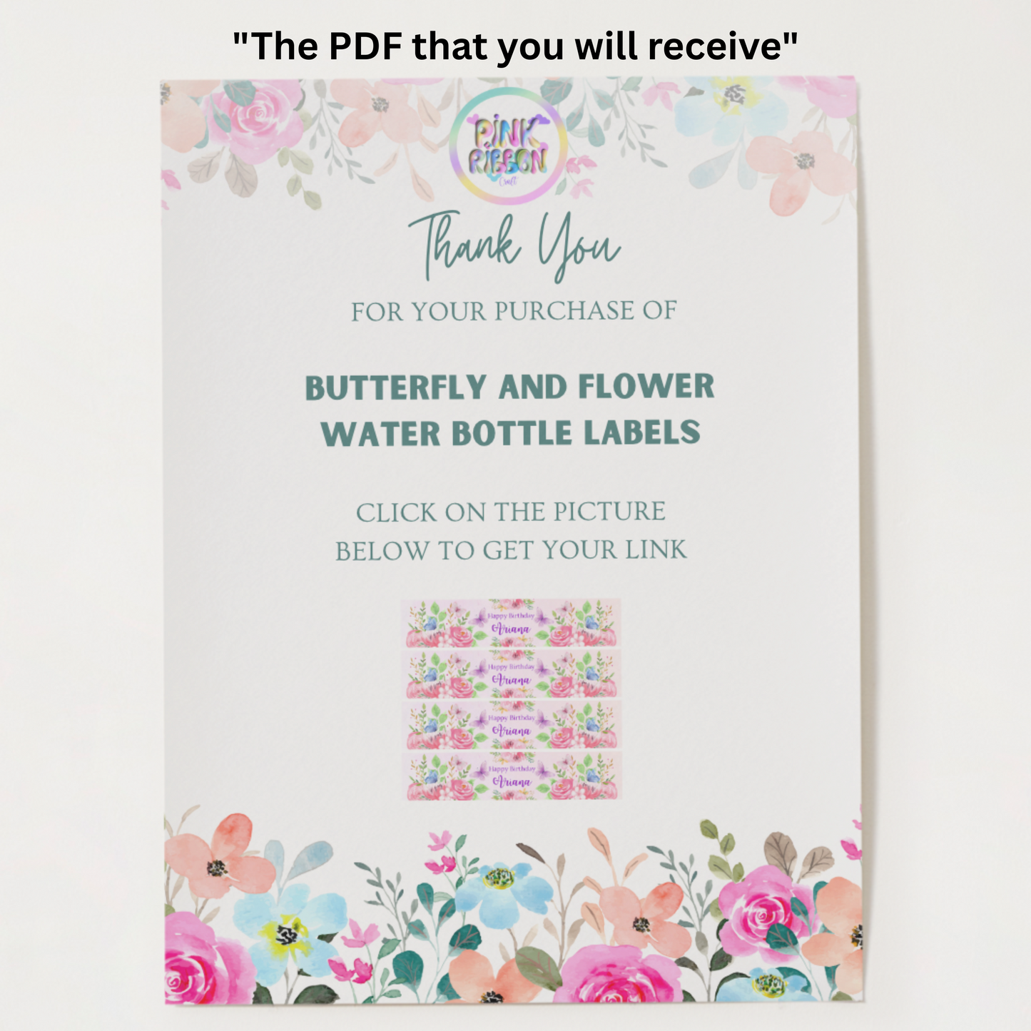 Editable Butterfly & Flowers Water Bottle Label (Digital File)