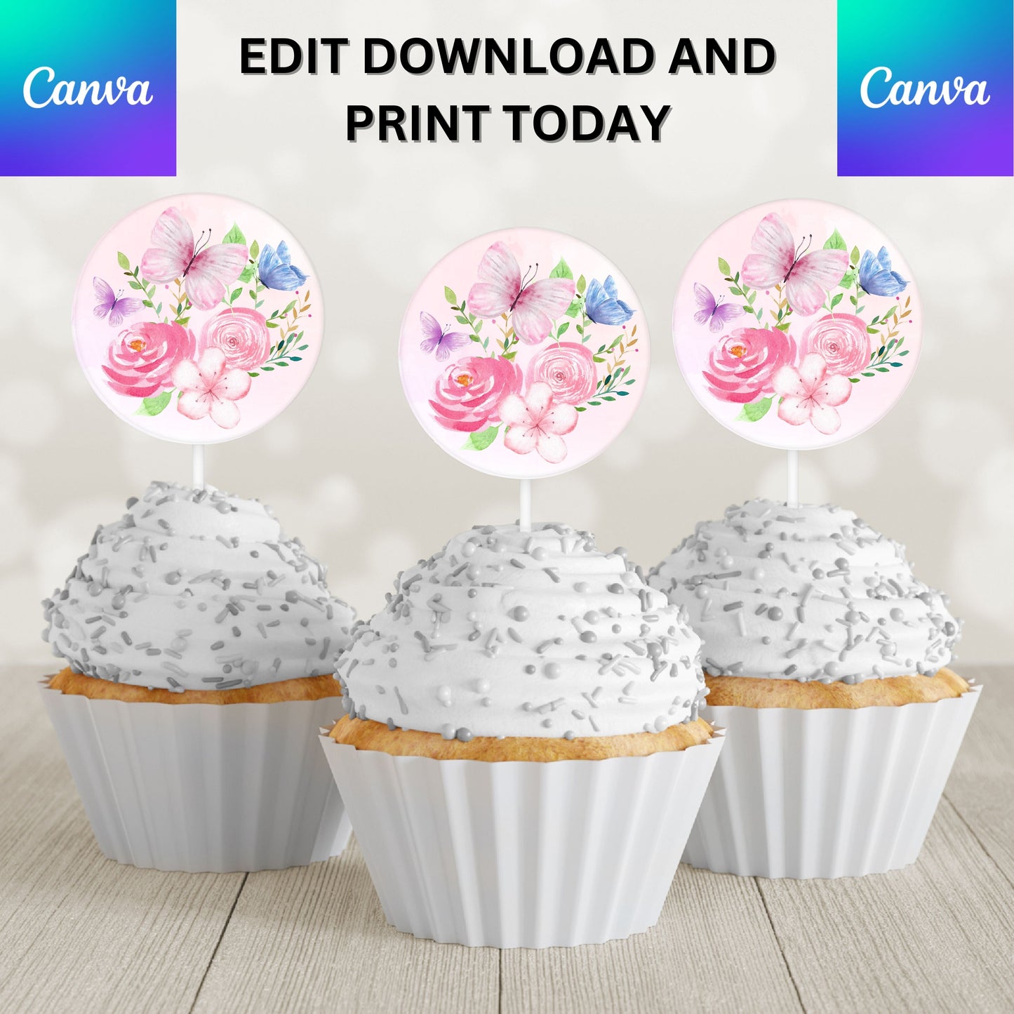 Editable Butterfly & Flowers Cupcake Topper (Digital File)