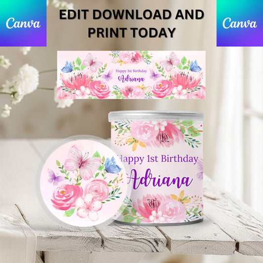 Editable Butterfly & Flowers Pringles Label (Digital File)