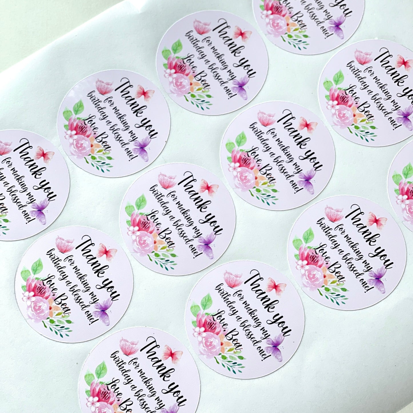 Butterfly & Flowers thank you sticker set of 12