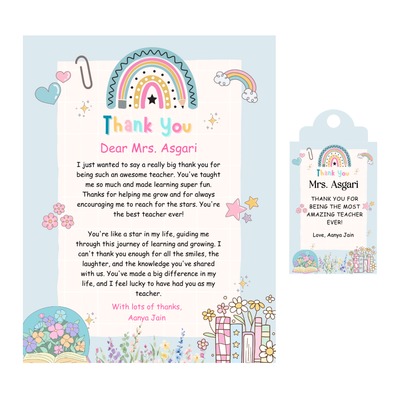 Thank You Letter and Tag For Teacher